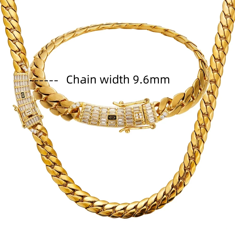 Men\'s Hip-hop Style 18k Gold Vacuum Plated Bracelet. Width 9.6mm Stainless Steel Riding Crop Chain Encryption Choker Accessory