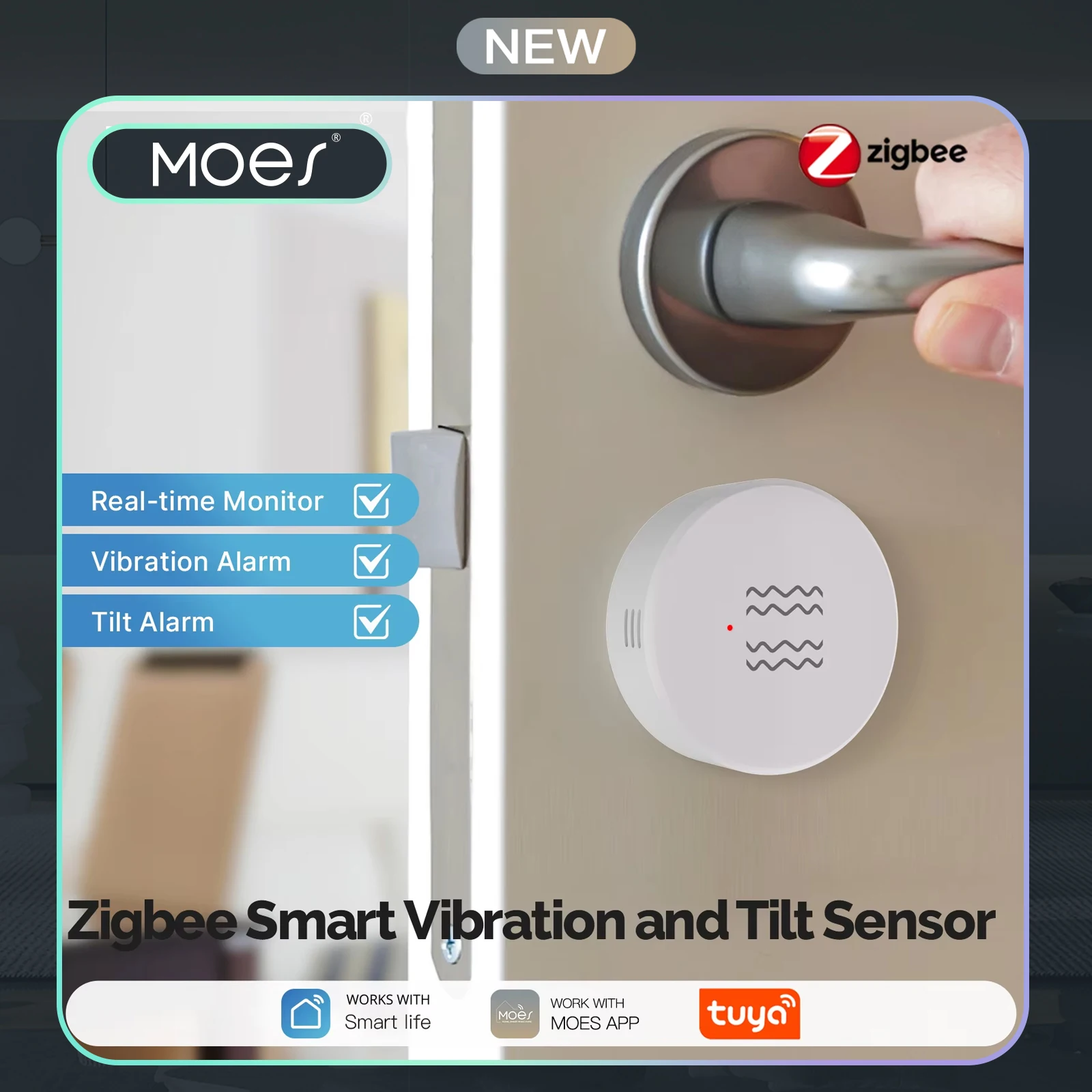 

MOES Zigbee Vibration Sensor, Smart Tilt & Motion Detector for Door Window Alarm, Real-Time 3-Axis Monitoring, Works with Tuya​