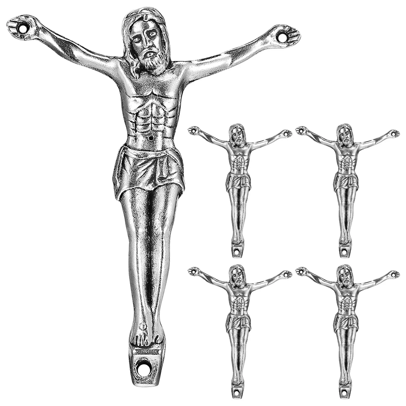 5Pcs Small Silver Jesus Corpus Metal Sculpture Crucifix DIY Supplies Catholic Religious Wall Decor Jesus Statue Ornament