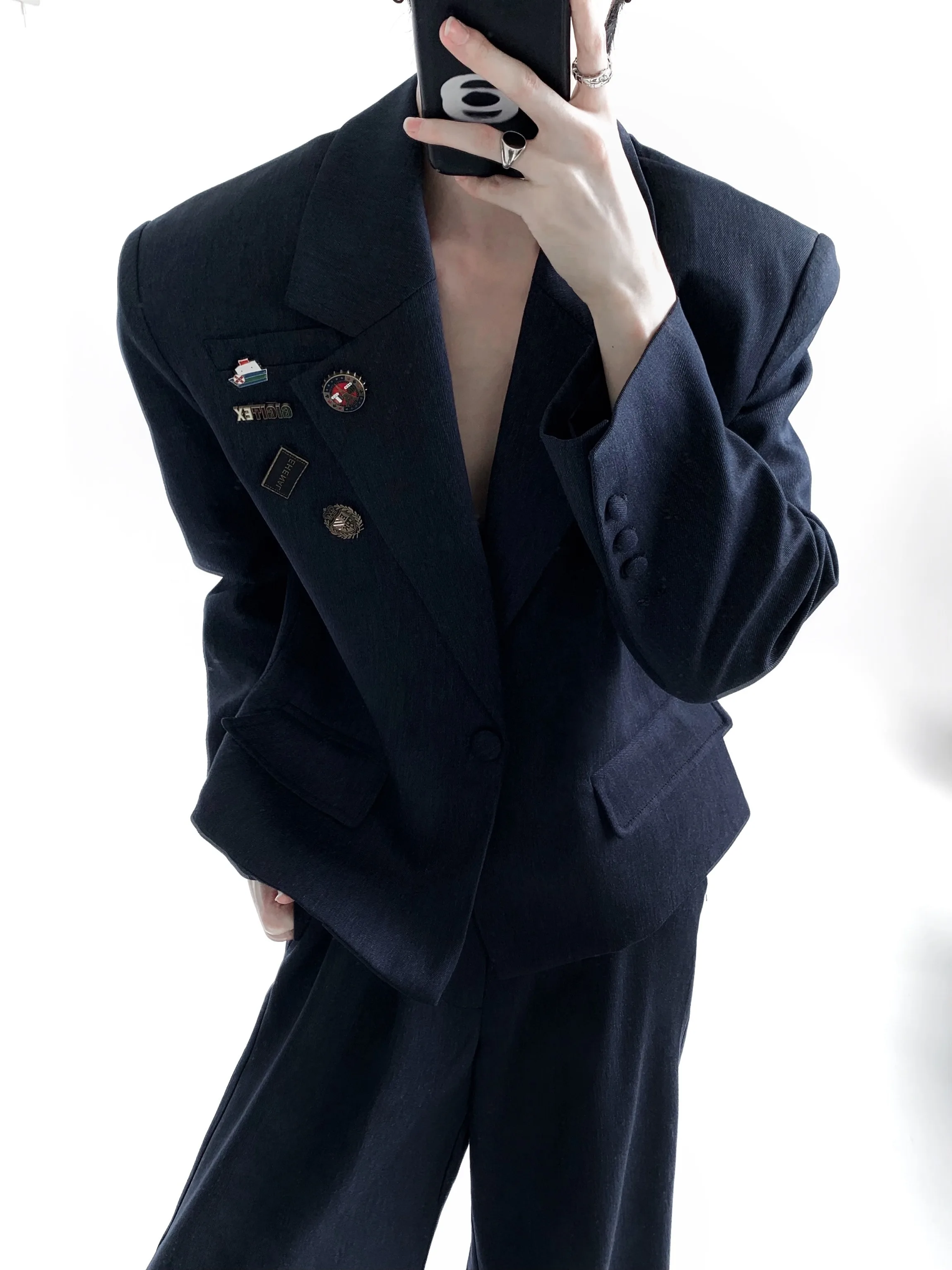 Autumn Mountain Wind Retro High Intelligence Badge Blue Shoulder Pad Men's Casual Suit Jacket Fashionable Adult Leisure Ensemble