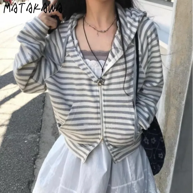 

Matakawa Vintage Stripes Cardigans Woman Zipper Hooded Autumn Winter Sweaters Korean Fashion Loose Casual Suter De Mujer