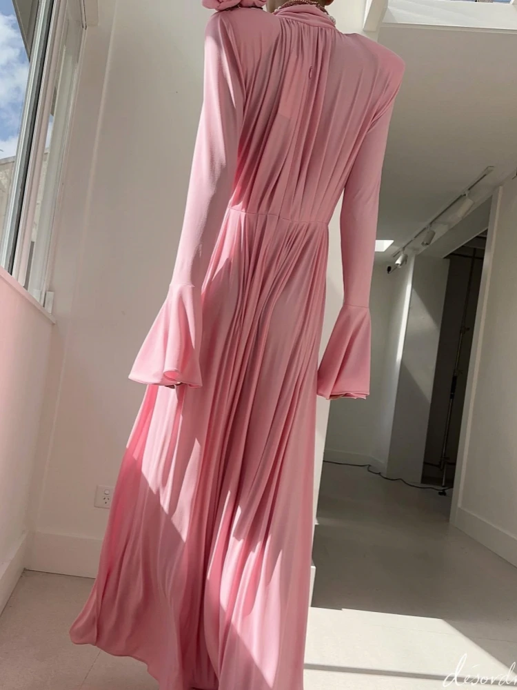 Women Flare Sleeve Pleated 3D Flower Dress Sexy Pink Deep V Neck Long Sleeve Split Long Dresses Elegant Evening Party Gowns