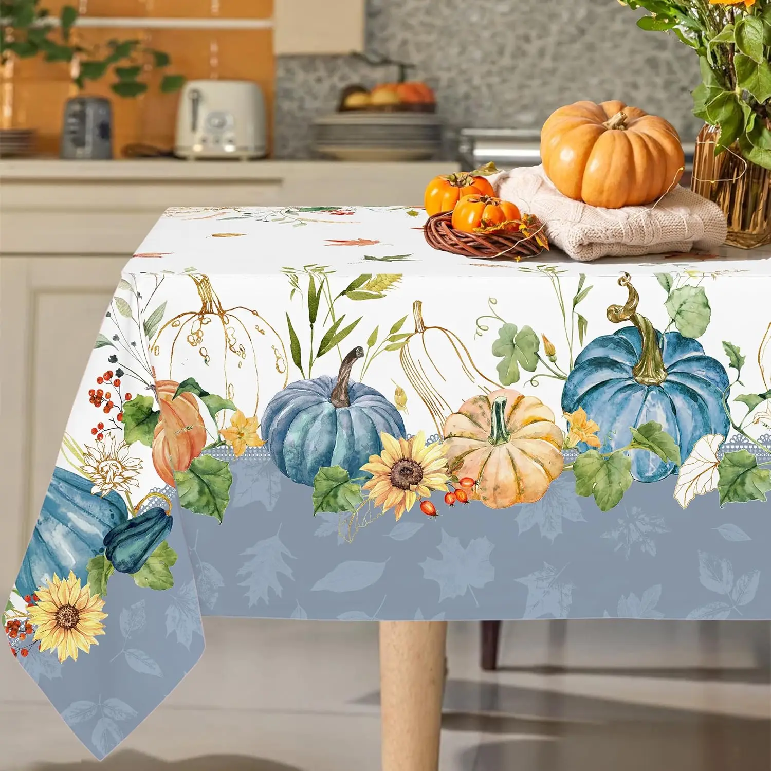 Thanksgiving Autumn Harvest Blue Pumpkin Tablecloth Party Decor Fall Maple Leaf Sunflower Table Cloth Kitchen Dining Table Decor