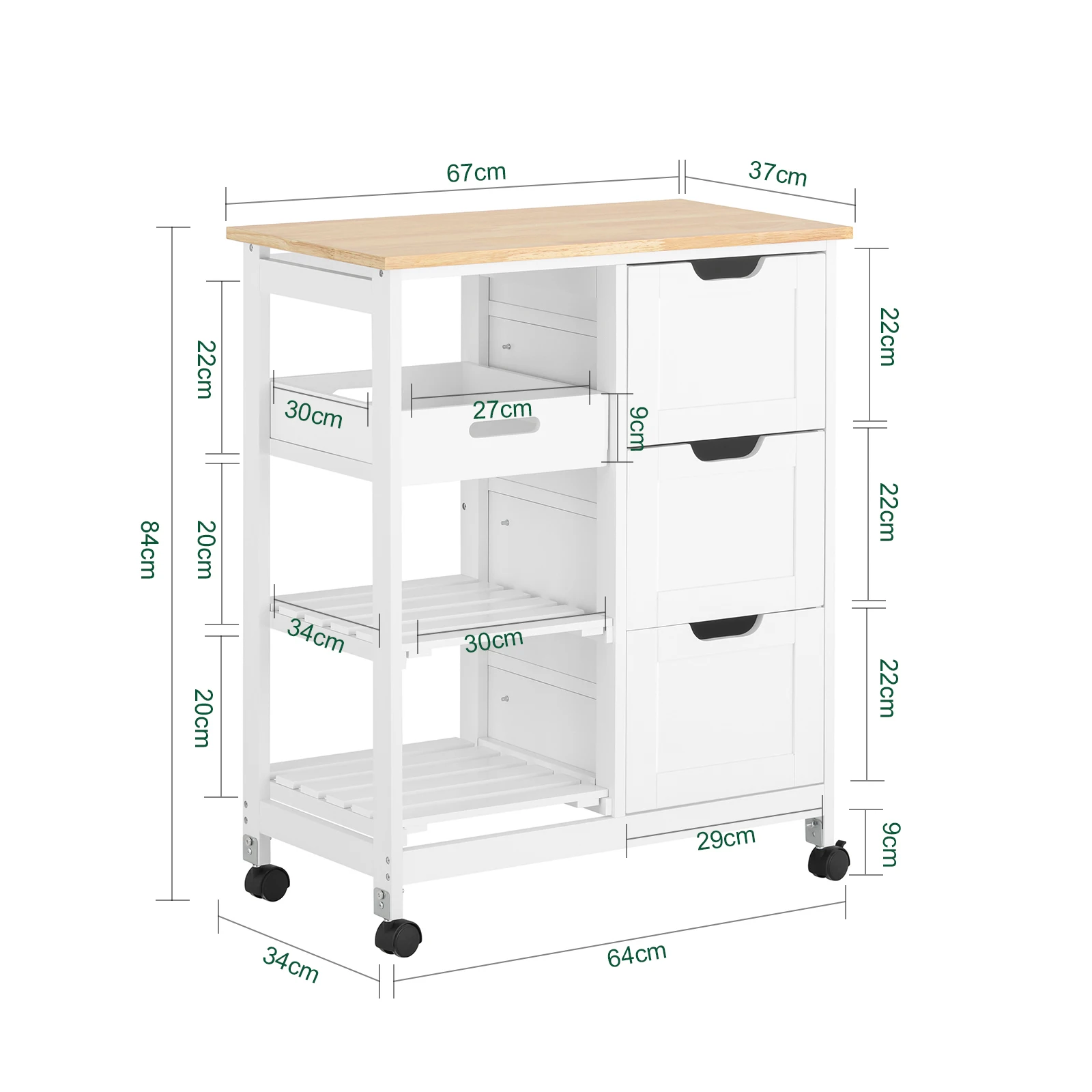 SoBuy FKW79 Küchenwagen zum Rollen mit 2 abnehmbaren Ablagen und 1 Tablett Rollwagen Für Küche, Wohnzimmer, Esszimmer – Detail 2