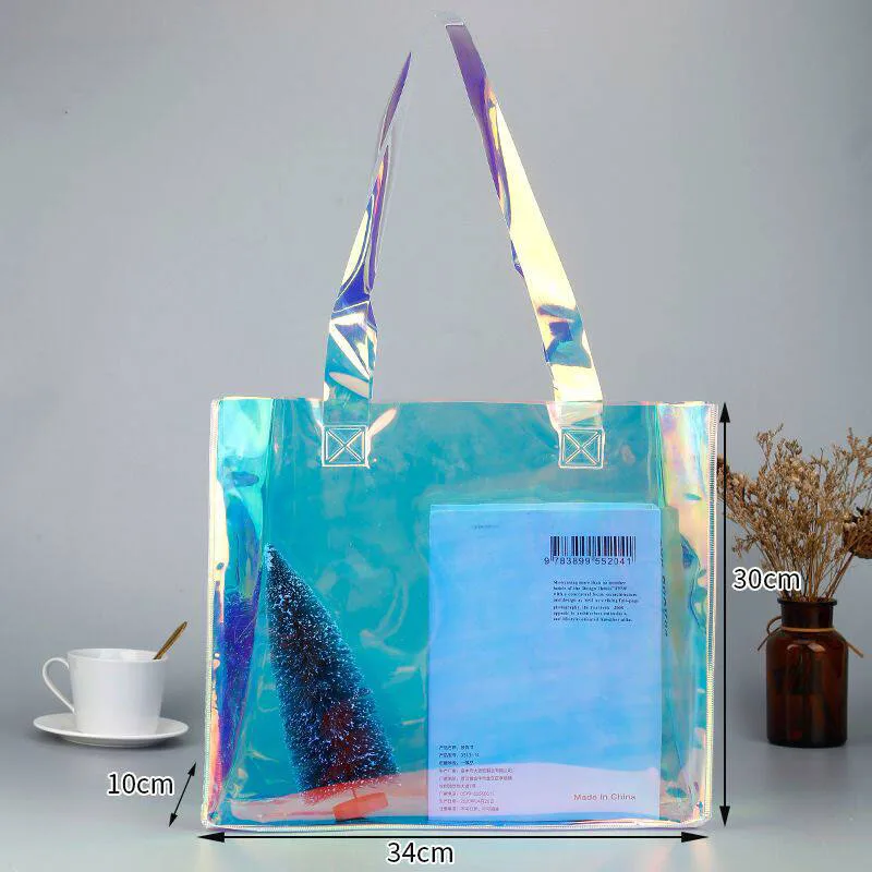 Holographic Clear PVC Tote Bag Custom Cartoon Print Iridescent Transparent Handbag for Gift Cosmetic Shopping Packaging view 5