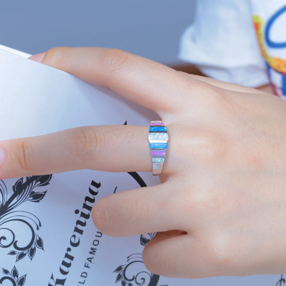CiNily Rainbow Big Fire Opal Stone Rings Silver Plated Blue White Pink Colorful Engagement Finger Ring Summer Jewelry Women Girl