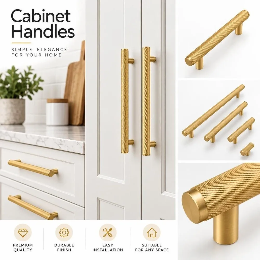 Solid Brass Cabinet Handles Surface Mounted Ribbed Cylindrical Furniture Handles Brushed Gold DIY Friendly Door Pulls