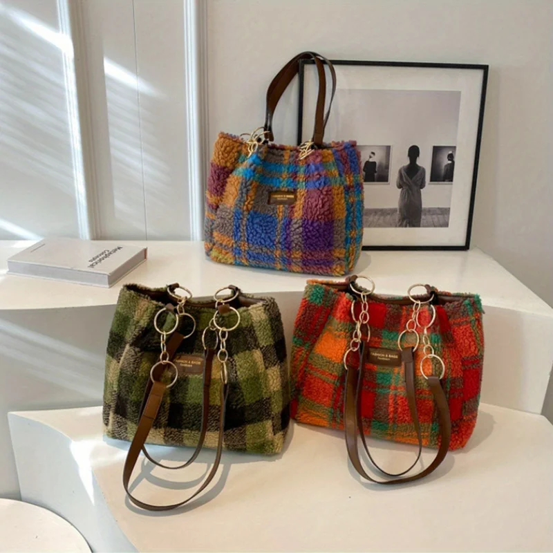 

Red Plaid Lambswool Shoulder Bag for Women, Large Capacity Autumn Winter Tote Underarm Purse, 1-Pack