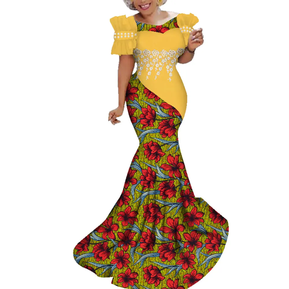 African Women Traditional Outfit Long Party Africa Print Dresses with White Pearl Lace Flower Bazin Riche Lady Long Dress WY284