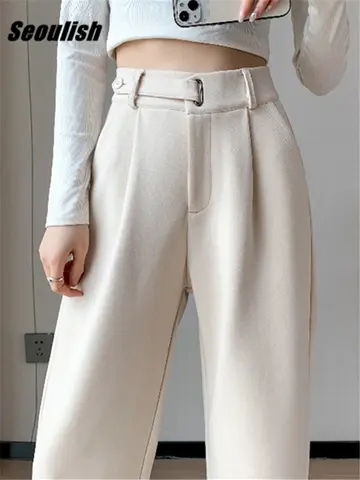 Seoulish Autumn Winter Thicken Woolen Casual Loose Full Length Pants 2025 New Button High Waist Chic Wide Leg Trousers Female