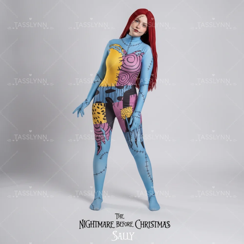 Costume de cosplay Sally de The Nightmare Before Christmas, combinaison Zentai imprimée avec patchs de poupée de chiffon, gants et couvre-pieds pour Comic Con