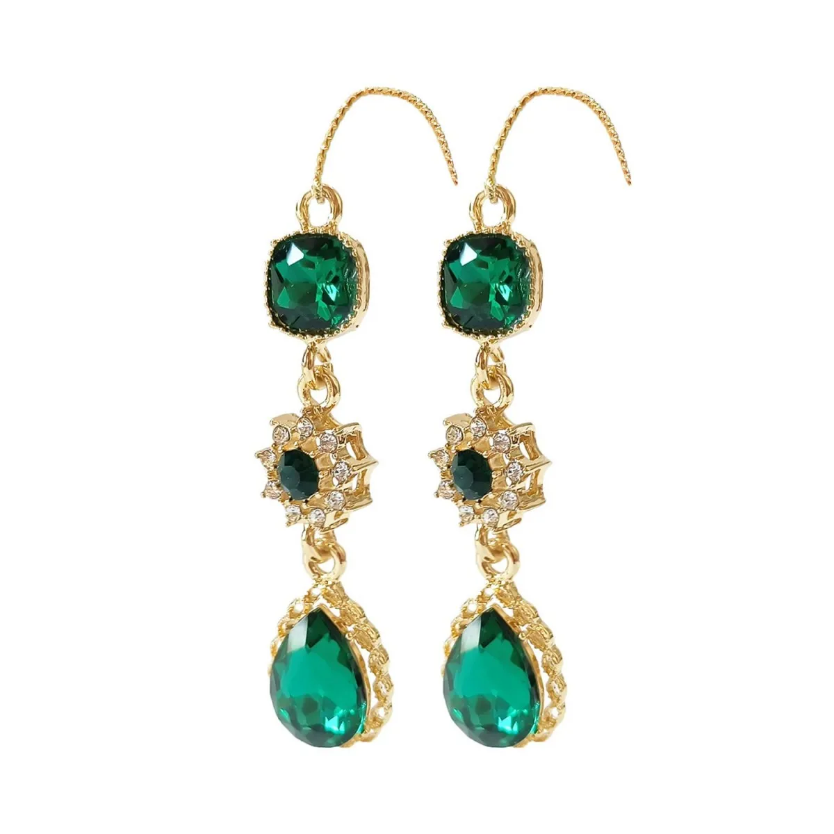 Two Tone Blue Emerald Green Teardrop Crystal Dangle Earrings For Women Elegant Sparkly Statement Formal Ear Jewelry Lightweight Accessories For Prom Wedding Banquet Party Birthday Holiday Gifts For Ladies Girls