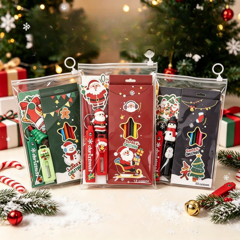 5Pcs/bag Christmas Stationery Set Creative A5 Notebook 12 Colored Pencils Keychain Stickers Eraser Xmas Gifts Kids Students