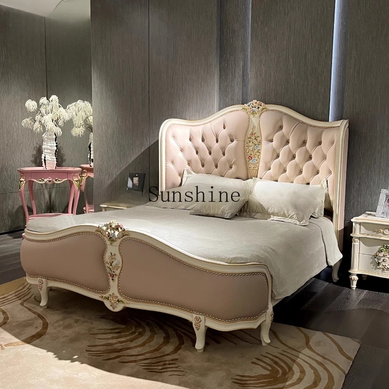 

French high-end mansion furniture villa large flat solid wood leather master bedroom double bed