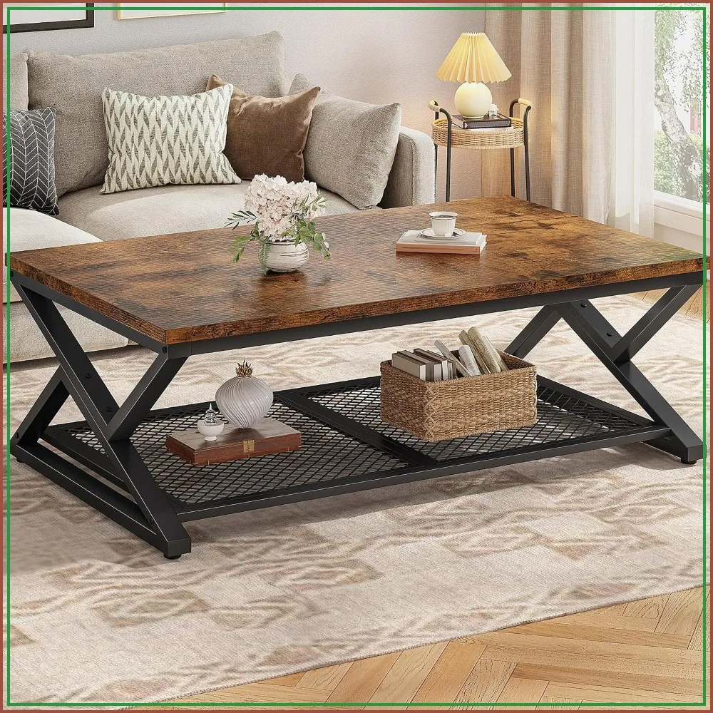 EnHomee Coffee Table with Storage Shelf, X-Frame Stable Design, Rustic Brown