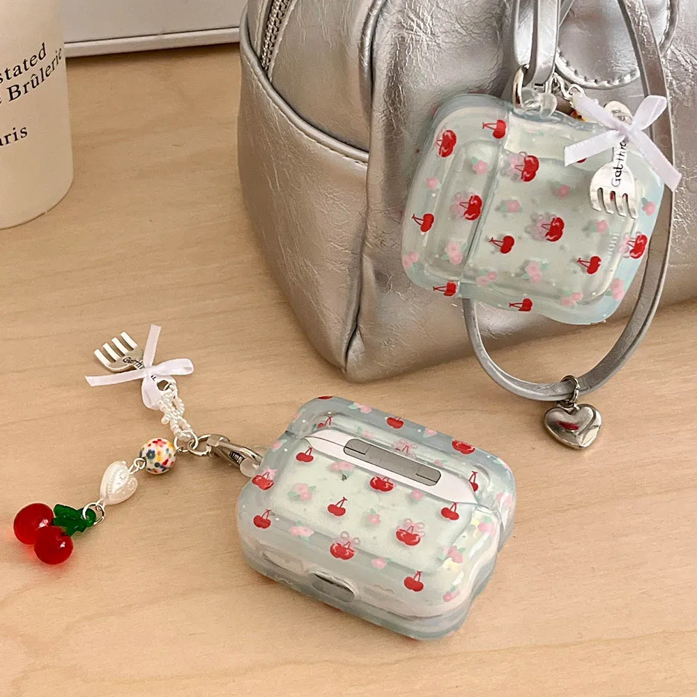 Korea INS Fresh Flower Cherry Pendant Keychain Case For Apple AirPods Pro 2nd Air Pods 4 1 3 Wavy Earphone Protective Box Cover