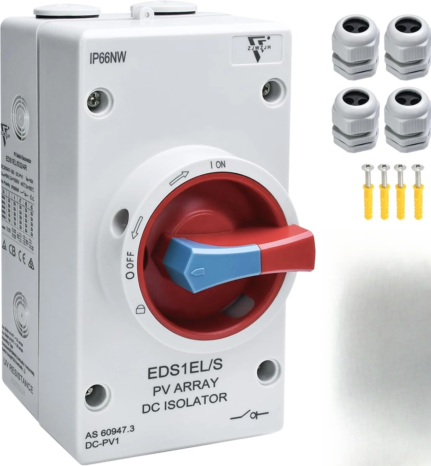 Premium 4-Pole DC1500V 32A Solar Disconnect Switch, IP66 Waterproof Red Isolator with Enclosure for Rooftop Solar RV Boat