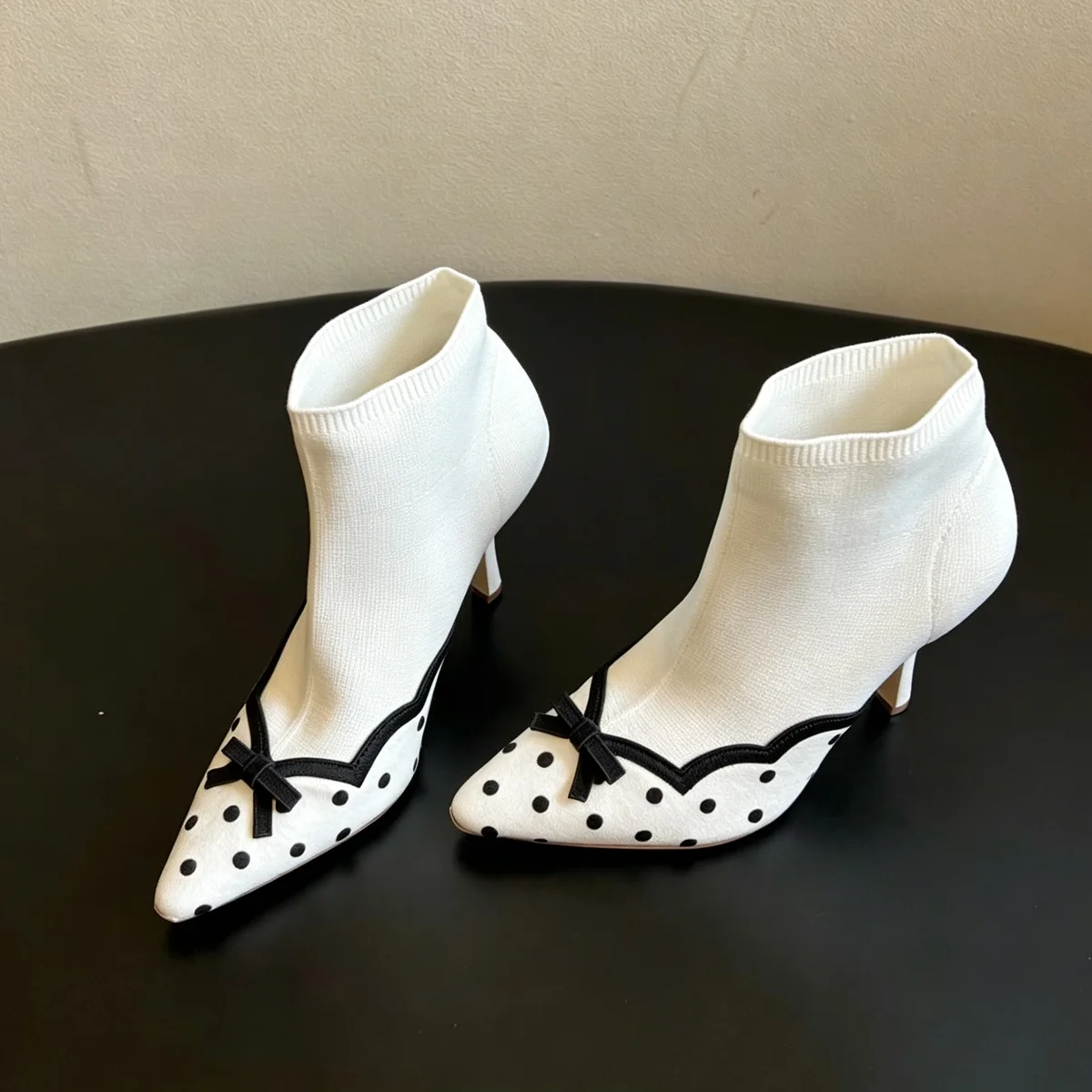 Pointy Round Toe Polka Dot Sock Booties Bow Decor Closed Fitting Stiletto High Heels Ankle Booties Autumn Sexy Women Shoes