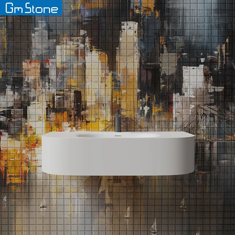Picture 3: Modern Single-hole Faucet Mount Wall-Hung Rectangular Bathroom Wash Basin Solid Surface Stone Eco-Friendly Easy Clean 1 Sink