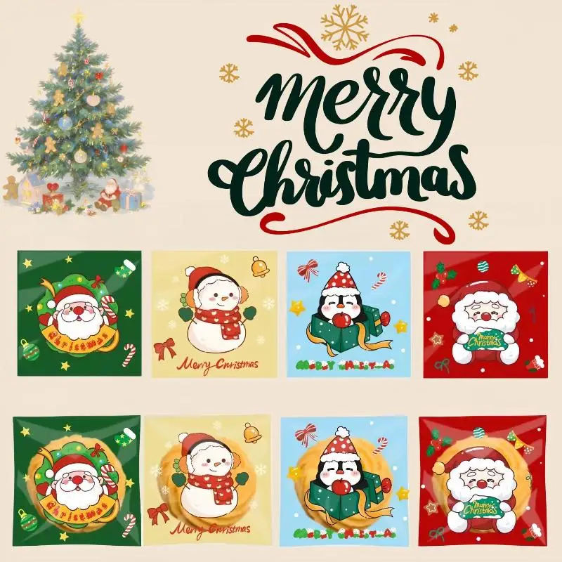 100Pcs Christmas Gift Bags Cartoon Santa Xmas Tree Designs Transparent Self-Adhesive Cookie Bags For Christmas Decorations