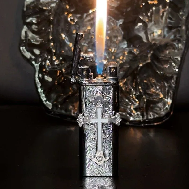 

New High-end Handmade Retro Cross inflatable Lighter with Metal Grinding Wheel and Open Flame Portable Lighter Smoking Gift