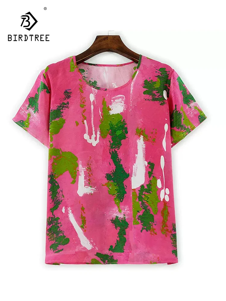 BirdTree-zijde dubbel crêpe elegant T-shirt, O-hals korte mouw print, damesmode losse tops voor woon-werkverkeer, 2026 lente T5D859CC