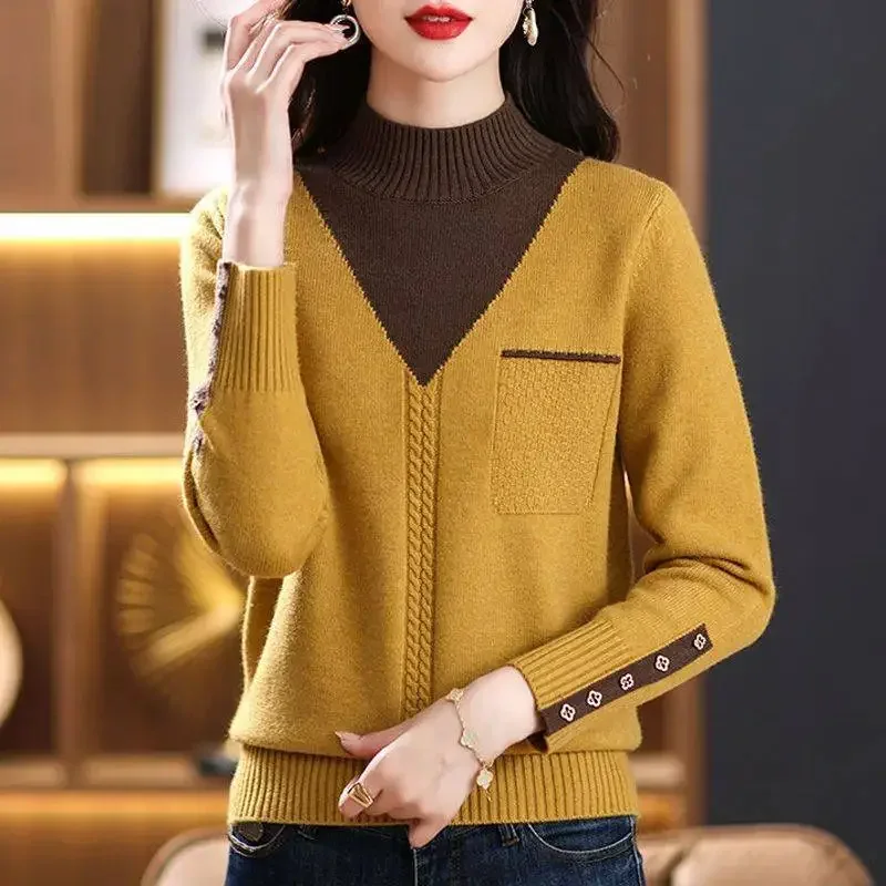 Women Vintage Splicing Panelled Sweaters Autumn Winter Streetwear Fashion Mock Neck Long Sleeve Casual Slim Knitted Pullovers