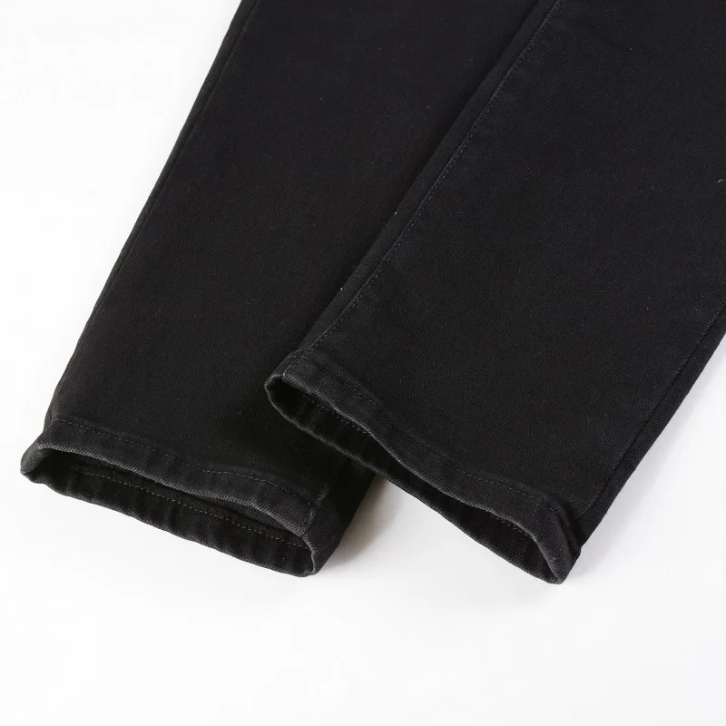 Pantalones vaqueros de cuero para motorista, ropa de calle para motocicleta, rasgados con agujeros, elásticos de retales, negros, ajustados, Tapered