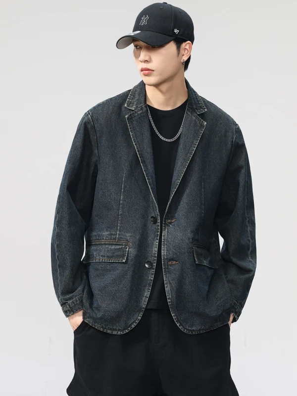 

Мужская свободная повседневная куртка в стиле ретро-вестерн из плотного денима с эффектом потертости, из смесового хлопка и полиэстера, с длинными рукавами