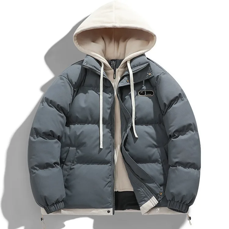 Men's Fake Two Piece Hooded Puffer Jacket Winter Warm Thick Cotton Coat Drawstring Casual Windproof Outerwear