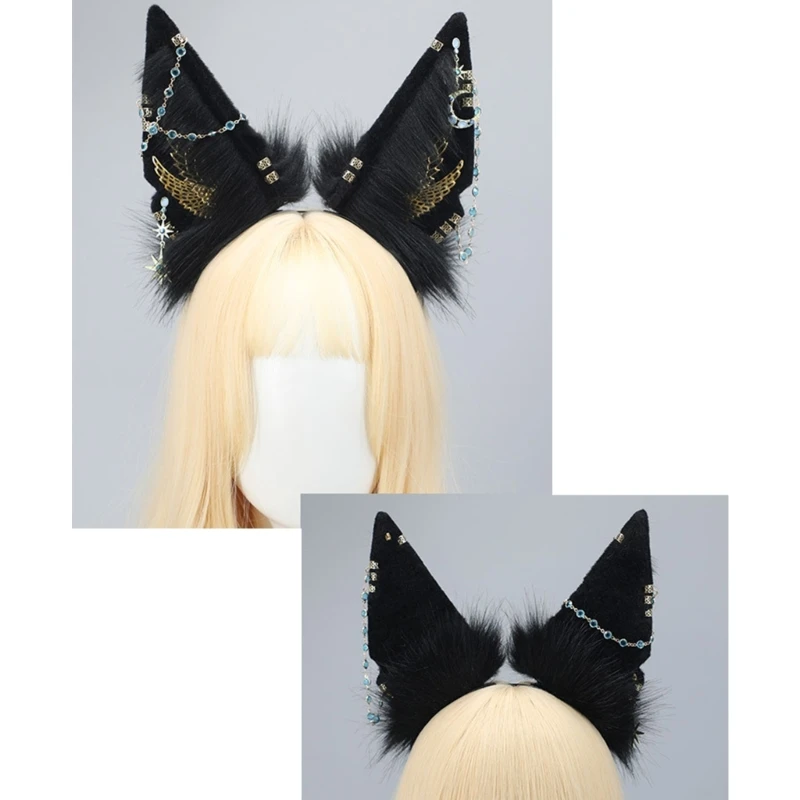 Cartoon Wolf Ear Hair Hoop with Dangle Jewelry Decors Hair Holder Cosplay Party Headwear for Teenagers Adult