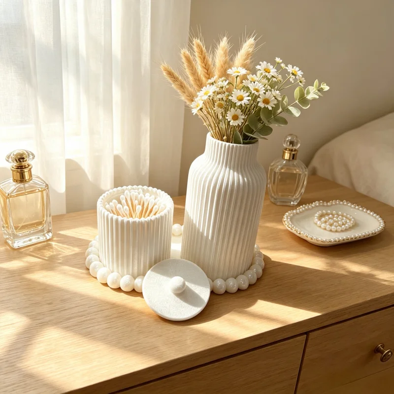 Three-In-One Bathroom Toiletry Storage Set, Matte White Vertical Stripe Vase + Cotton Swab Storage Jar + Pearl-Edged Tray, Modern Minimalist Style Home Bathroom Countertop Decoration