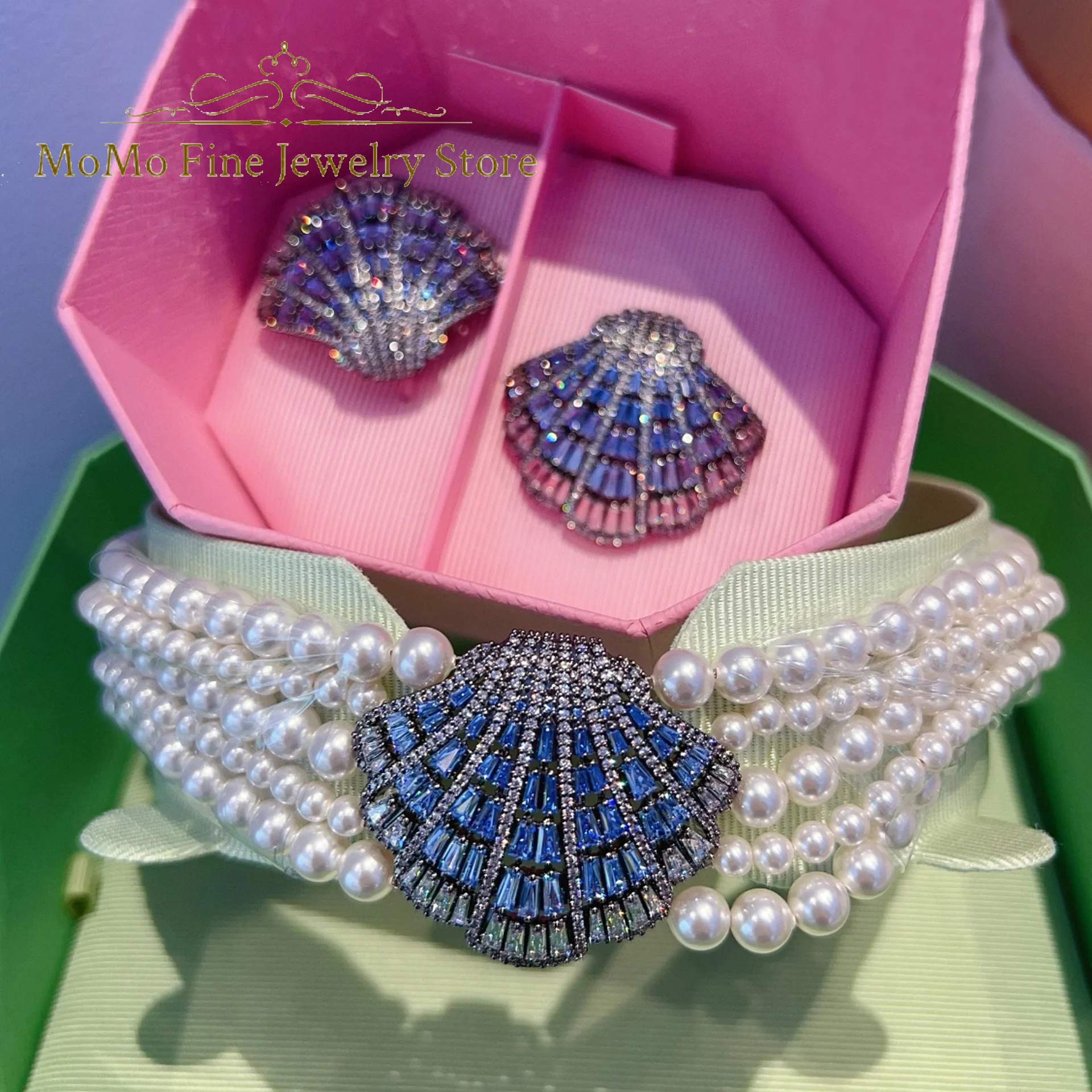 

2025 New Trend High Quality Fine Party Jewelry Set Charming Blue Shell Crystal Fashion Necklace Earrings Romantic Gift for Women