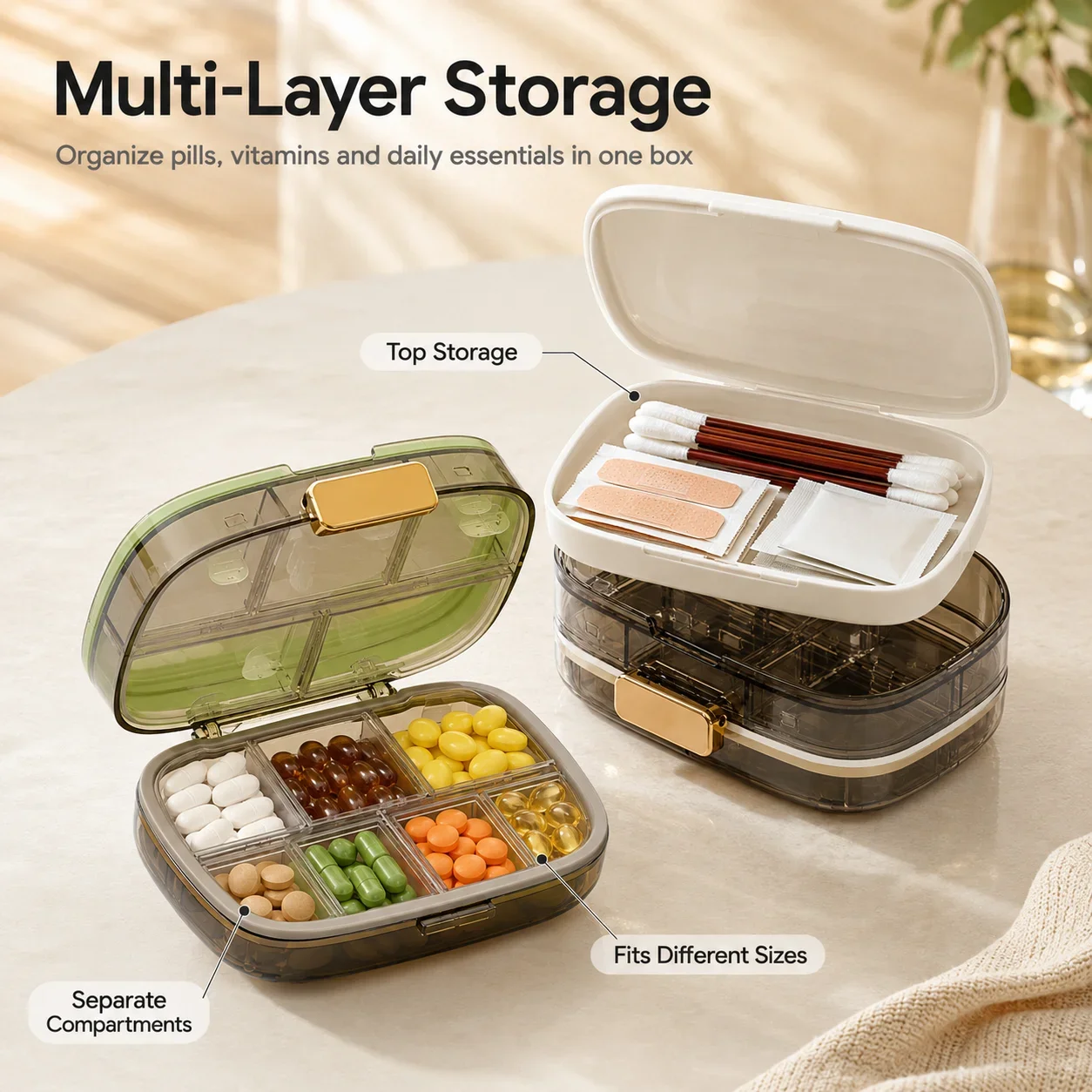 Portable Double Layer Sealed Pill Box 10 Grids Moisture Resistant Travel Medicine Organizer for Vitamins & Small Items