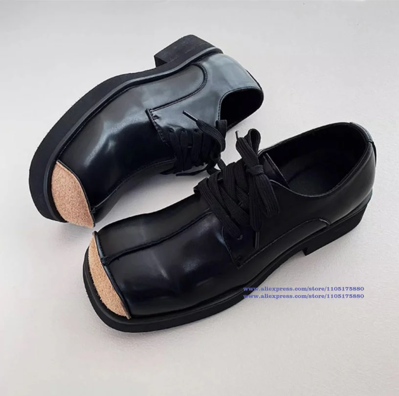 أحذية ديربي بمقدمة مربعة من الجلد الأسود أحذية برباط للرجال على الطراز البريطاني القديم أحذية رجالية عصرية فاخرة ذات نعل سميك