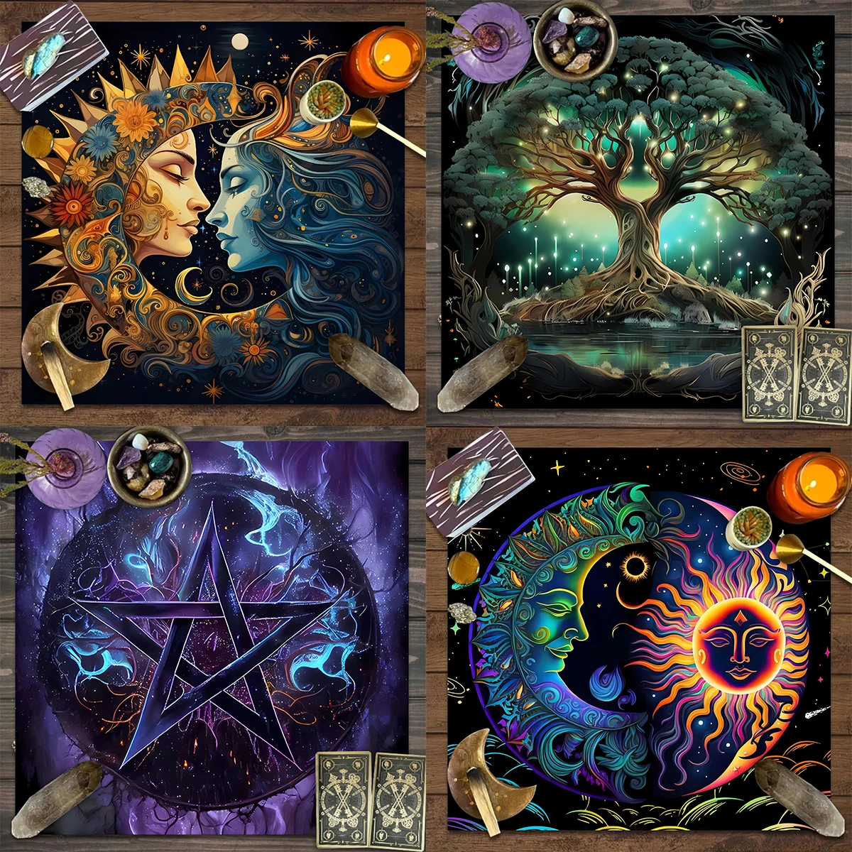 1 Stück Talob-Tischdecke, Pentagramm-Mondphasen-Lebensbaum-Design, Talob dekorative Tischdecke, Karten-Astrologie-Spiel-Hintergrundbild