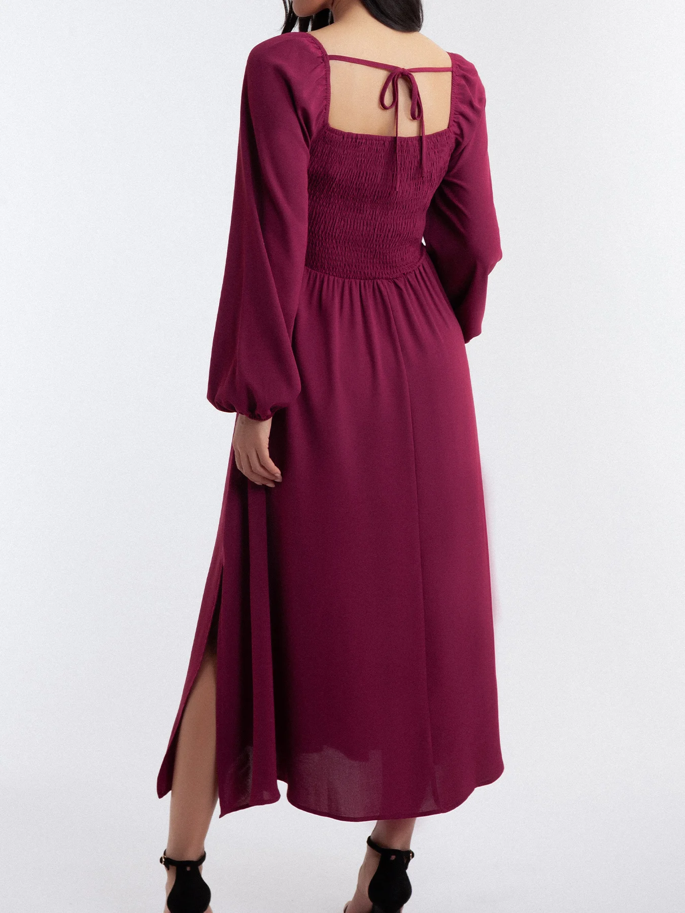 Ladies Wine Red Square Collar Lantern Sleeve Waist-Cinched A-Line Midi Dress Vintage Spring Long Dress