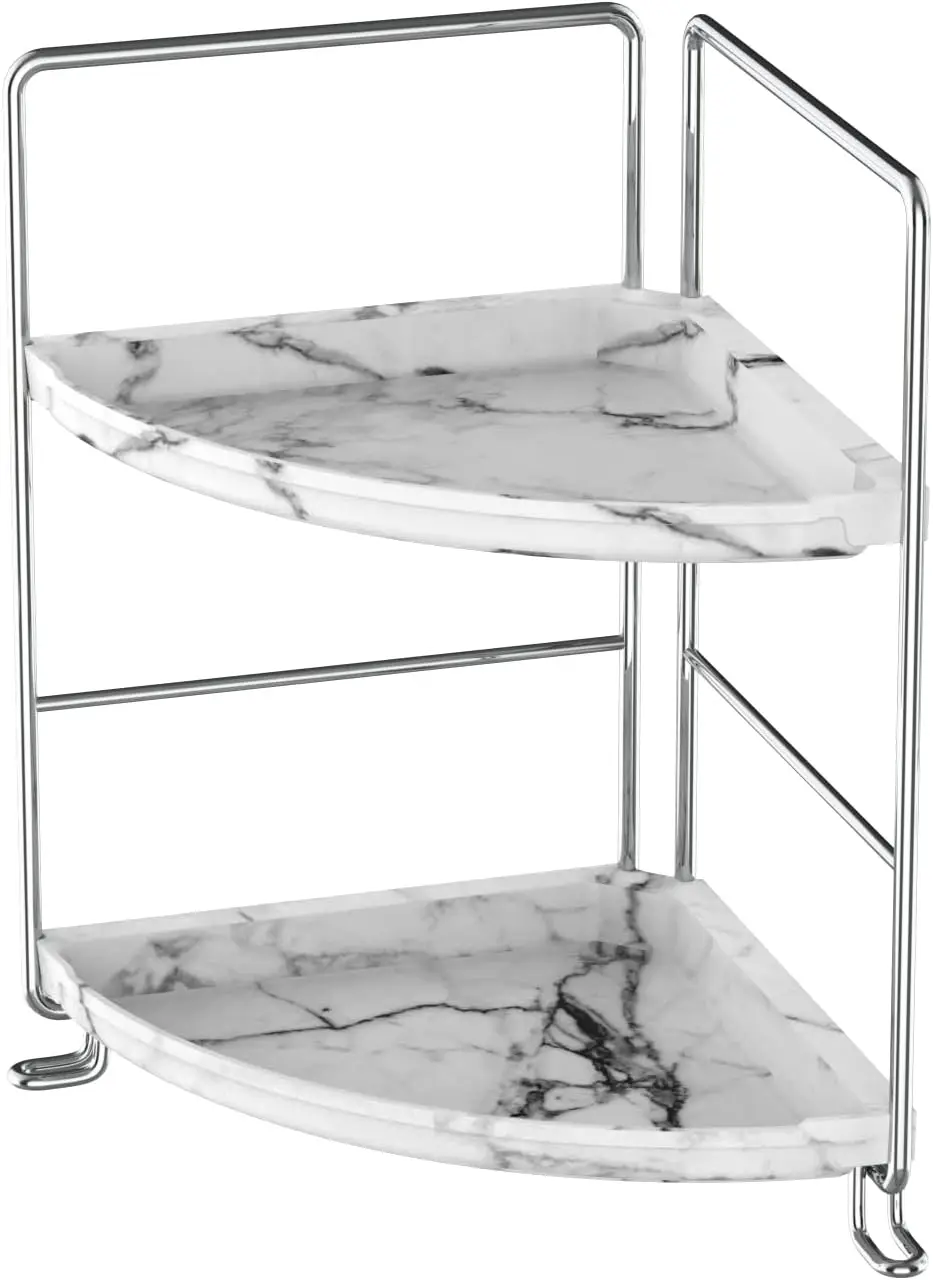 

2-Tier Corner Shelf for Bathroom or Kitchen, Silver Marble Design, Easy Tool-Free Installation