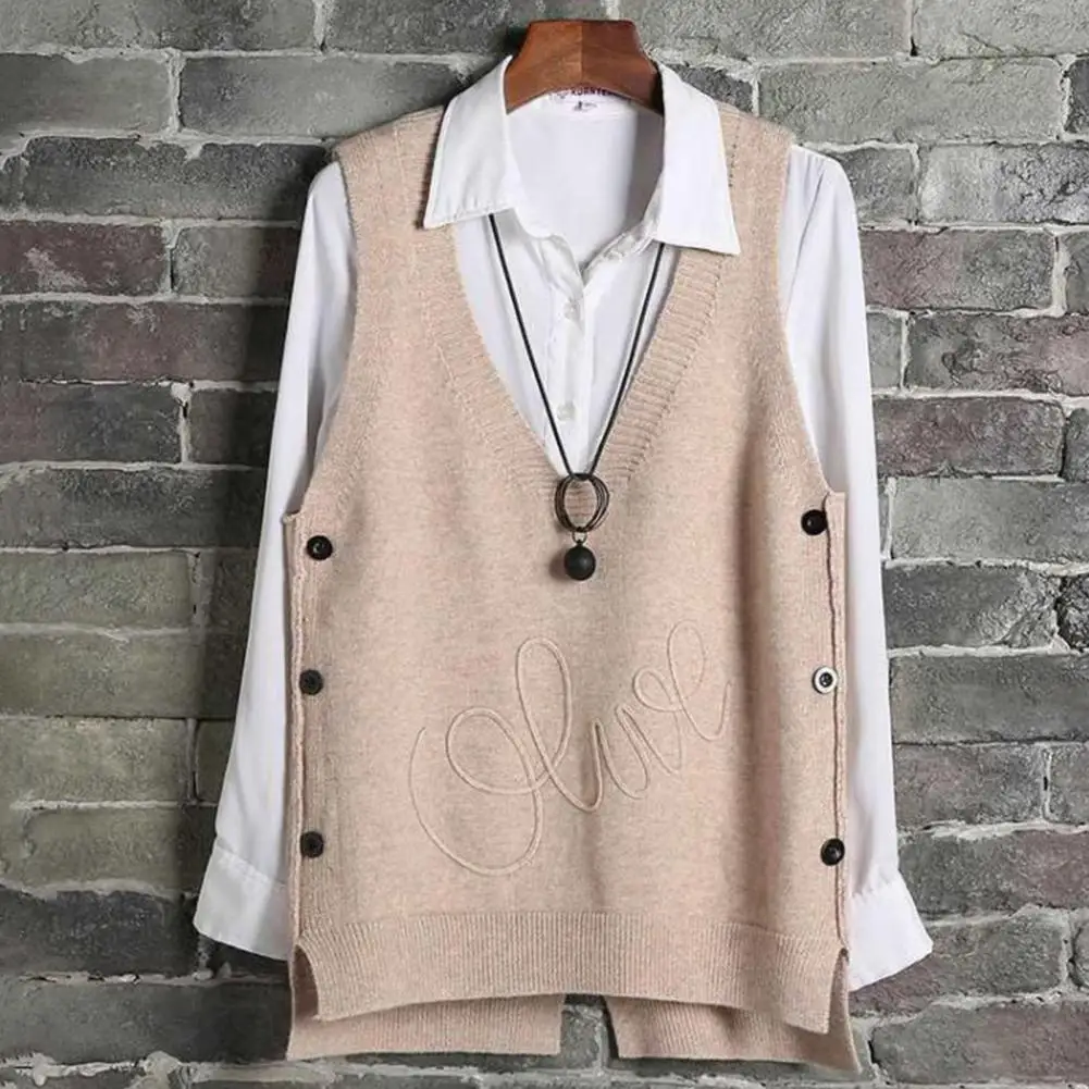 

Women Vest Spring Autumn V-Neck Side Buttons High Low Hem Vest Knitting Sleeveless Sweater Pullovers Loose Tops Outerwear