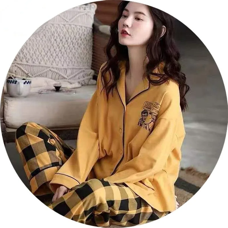 2024 neue Baumwoll pyjamas Frauen Frühling Sommer Nachtwäsche Langarm Cardigans Homewear lose lässige V-Ausschnitt lose Lounge wear Set