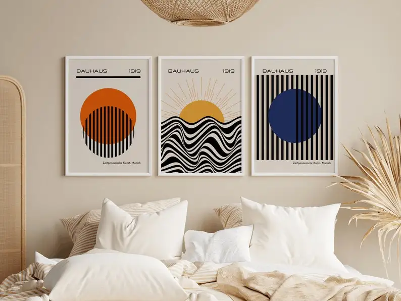 Sunrise Waves Bauhaus Geometric Canvas Prints Mid-century 1919 Color Wall Art Posters Modern Living Room Home Decor Pictures