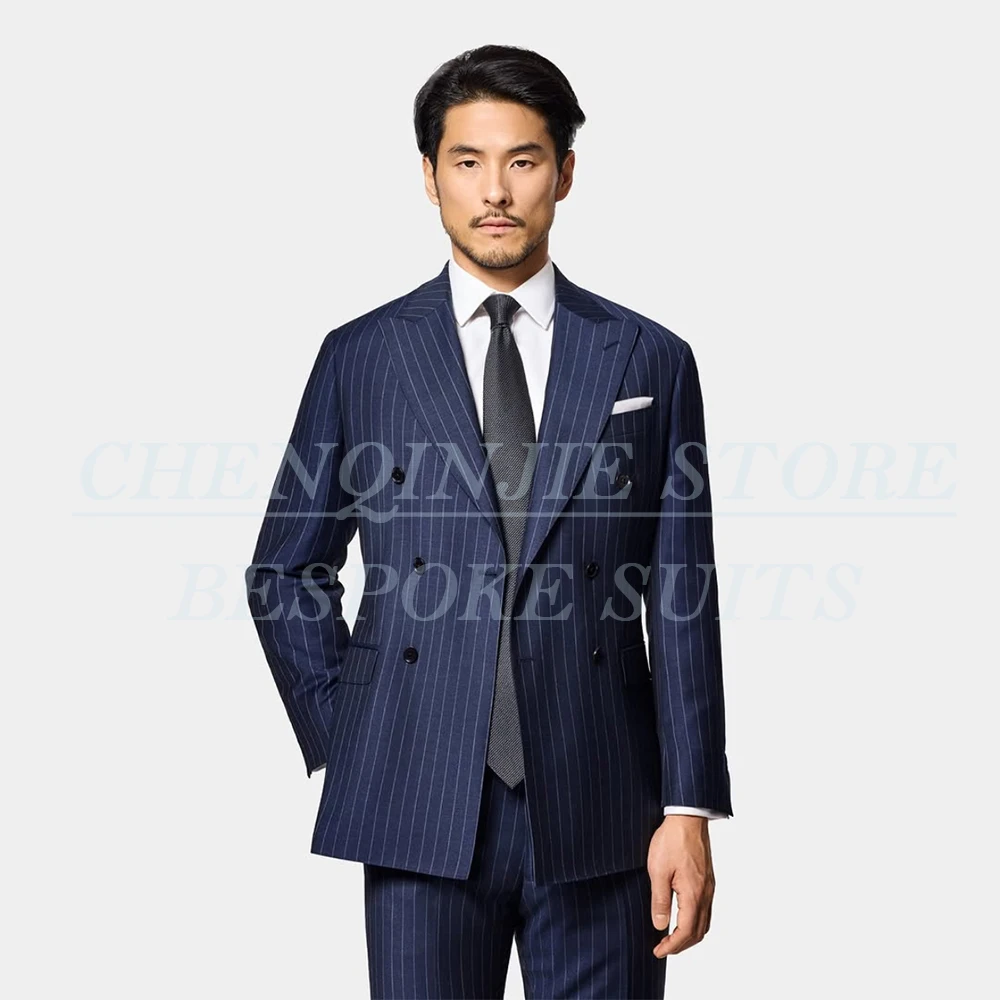 

High Quality Stripe Men's Suits Elegant Straight Double Breasted Peak Lapel Blazer Regular Fit Business 2 Piece Jacket Pants