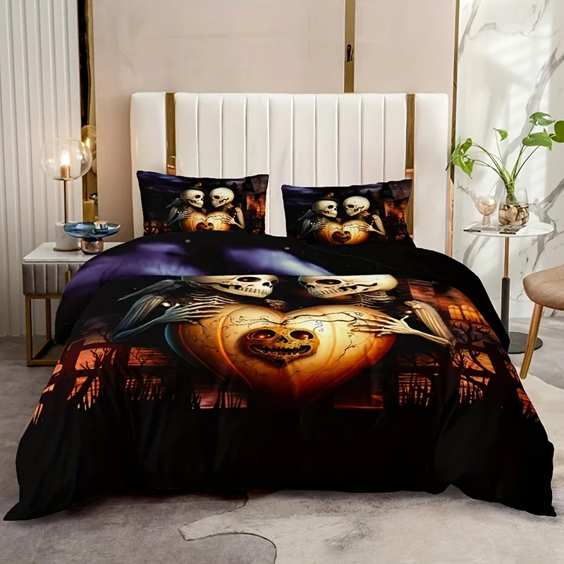 

3pcs Gothic Castle Skull Print Bedding Set - Soft, Breathable & Comfortable Duvet Cover for Bedroom, Guest Room & Dorm