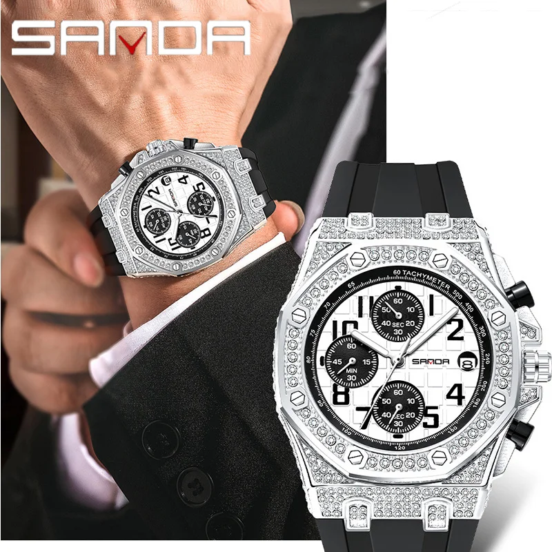 SANDA 7026 Men\'s Quartz Watch Fashion Leisure Diamond Luminous Date Analog Display Silicone Strap Wrist Watches for Male Gift