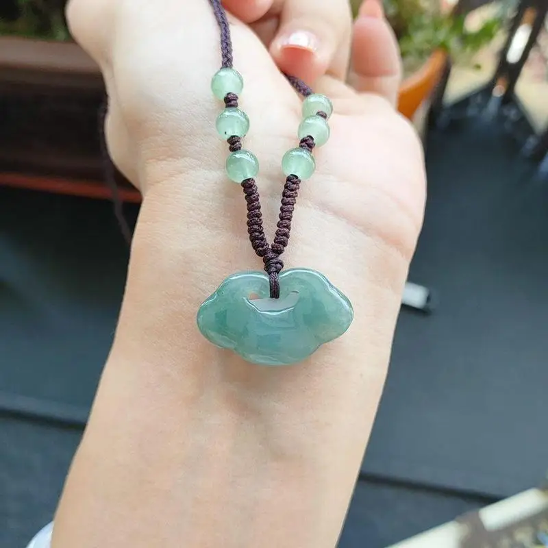 Grade A jadeite  fine smooth icy texture water-clear and oily green auspicious cloud  wish-fulfilling lock jade pend