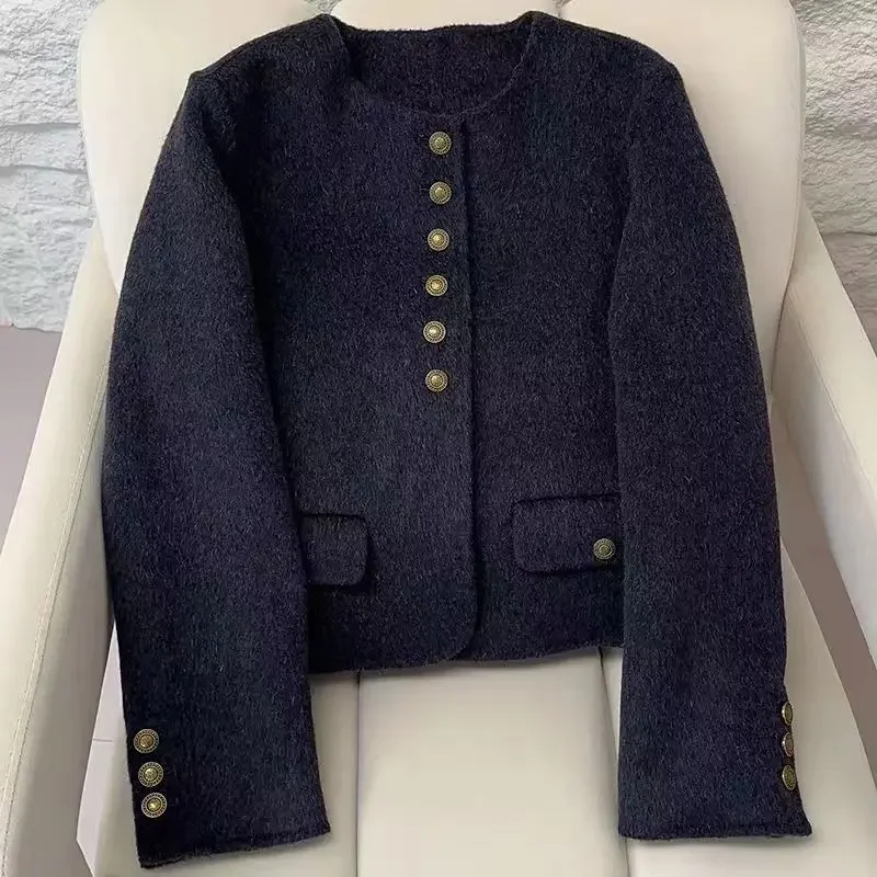 

Новое модное женское двустороннее шерстяное пальто с 6 пуговицами в иностранном стиле, высококачественное трендовое шерстяное нейлоновое короткое пальто с белым воротником