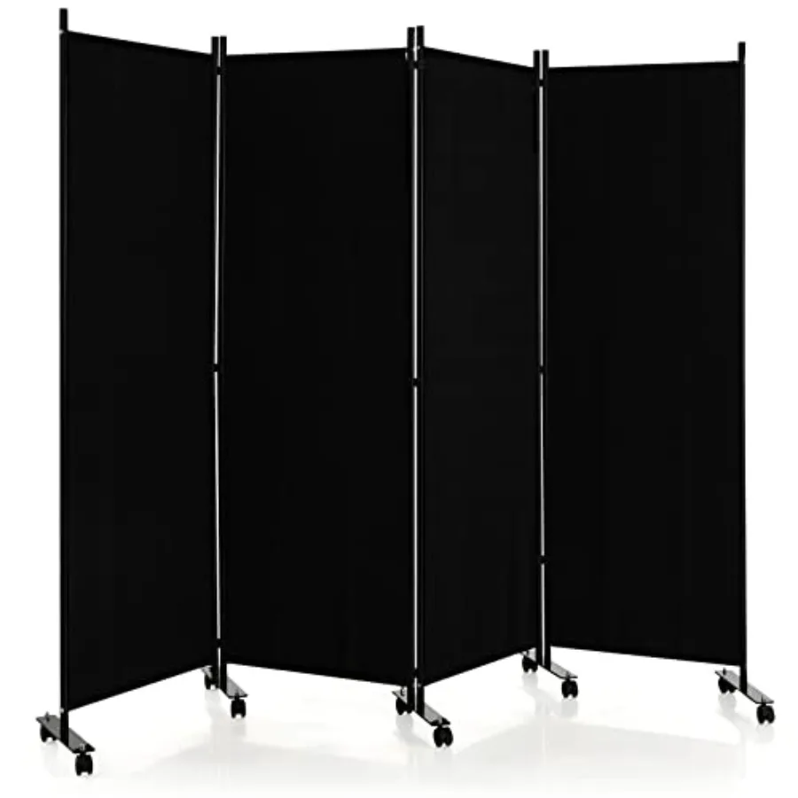 

4 Panels Folding Room Divider 6Feet Tall Fabric Privacy Screen w/Metal Frame Freestanding Partition Wall Divider w/Rolling Whee