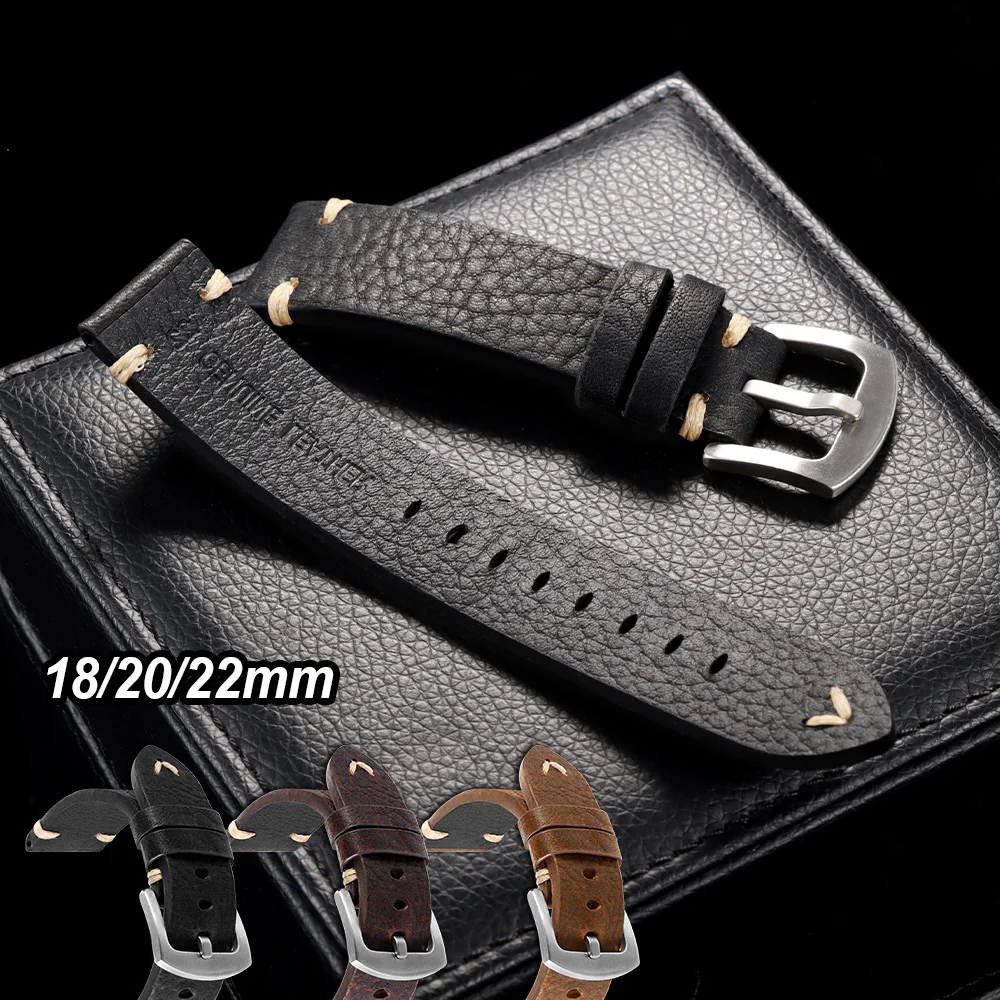 

18/20/22mm Genuine Cowhide Watch Band Metal Buckle Vintage Black Brown Straps for Men Women Universal Bracelet Belt Accessories