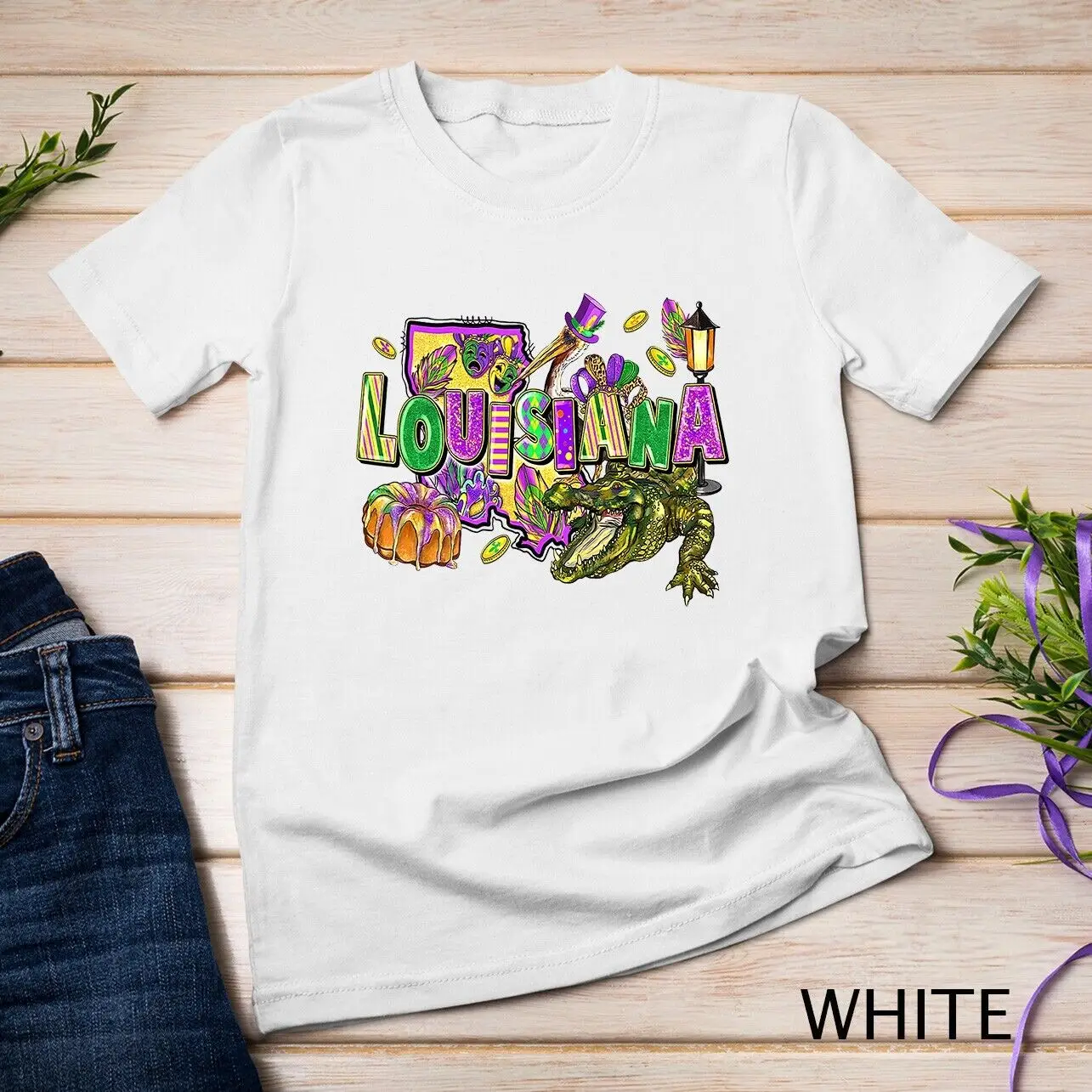 Divertida camiseta unisex Mardi Gras Louisiana Crawfish Cocodrilo Pelican