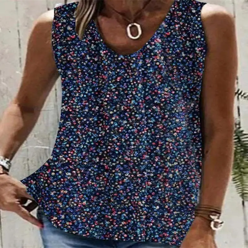 Plus Size Women Sleeveless V-neck Floral Printed Polka Dot Top